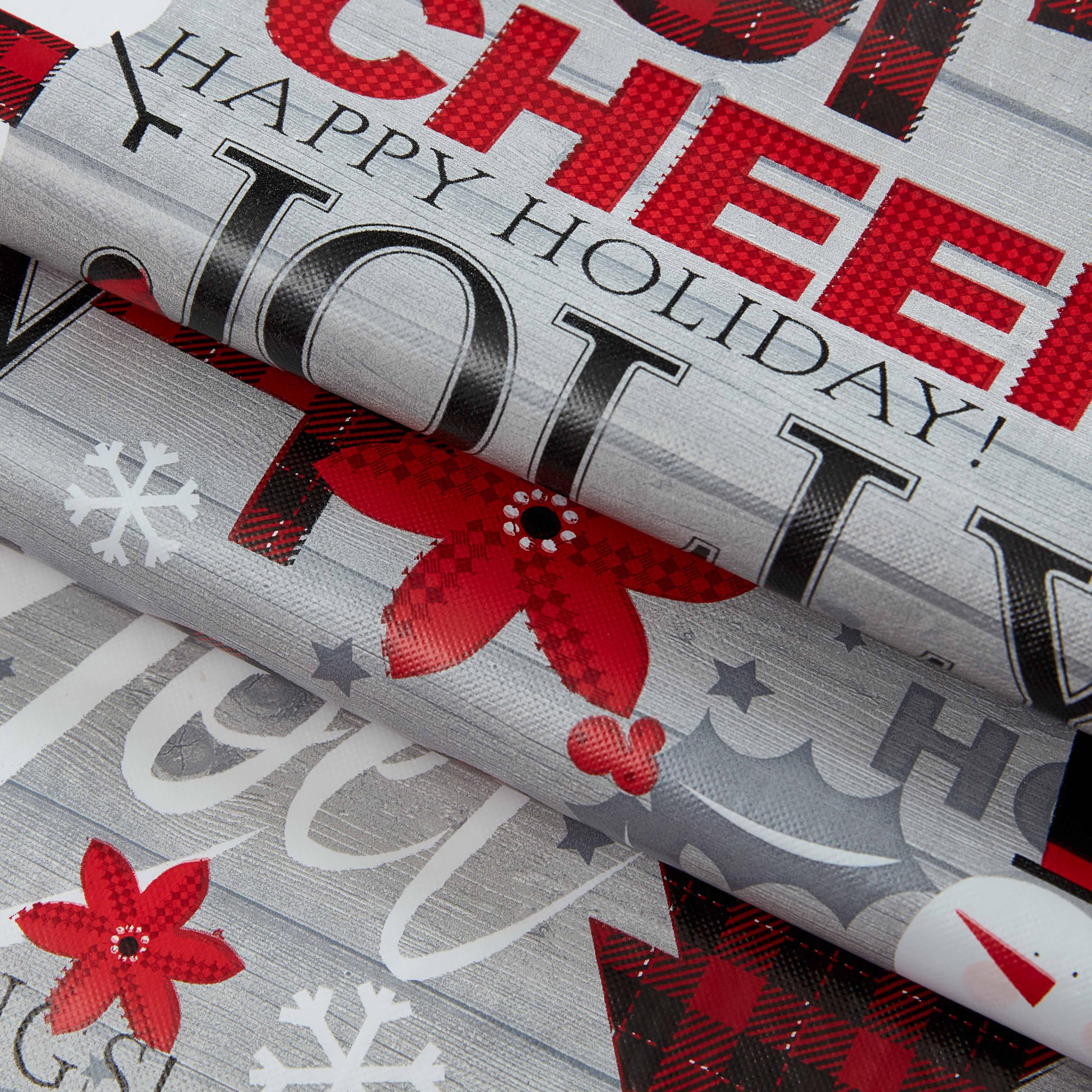 Newbridge Christmas Joy & Cheer Holiday Word Collage 52 x 52 Inch Square Vinyl Tablecloth with Flannel Backing – Red Plaid Trees, Santa & Snowflake Print Easy-Care Wipe Clean Table Cover - Image 3