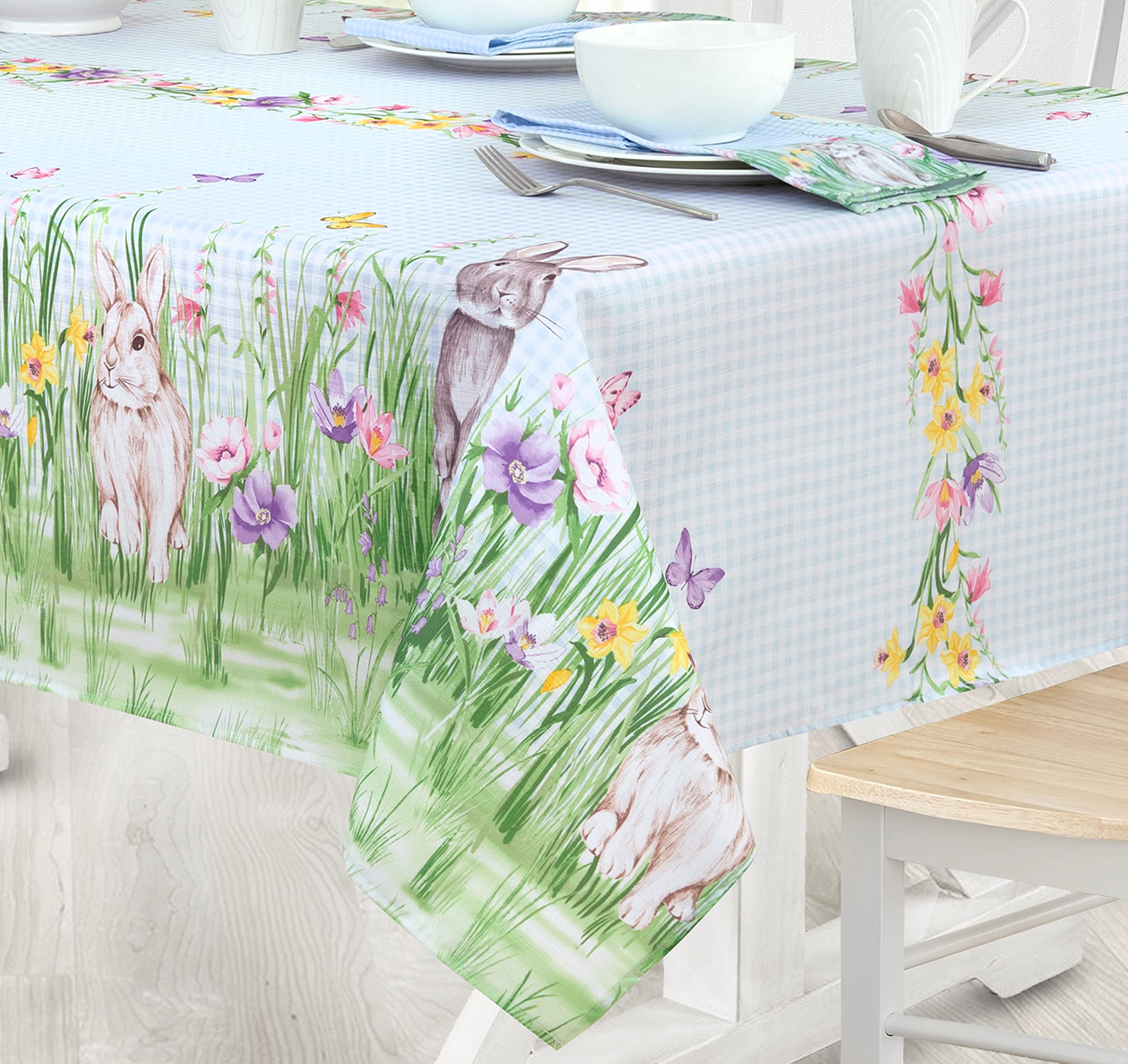 Newbridge Easter Bunny Meadow Blue Gingham Bunny Rabbit Bordered Fabric Napkins, Set of 8 Napkins - Image 8