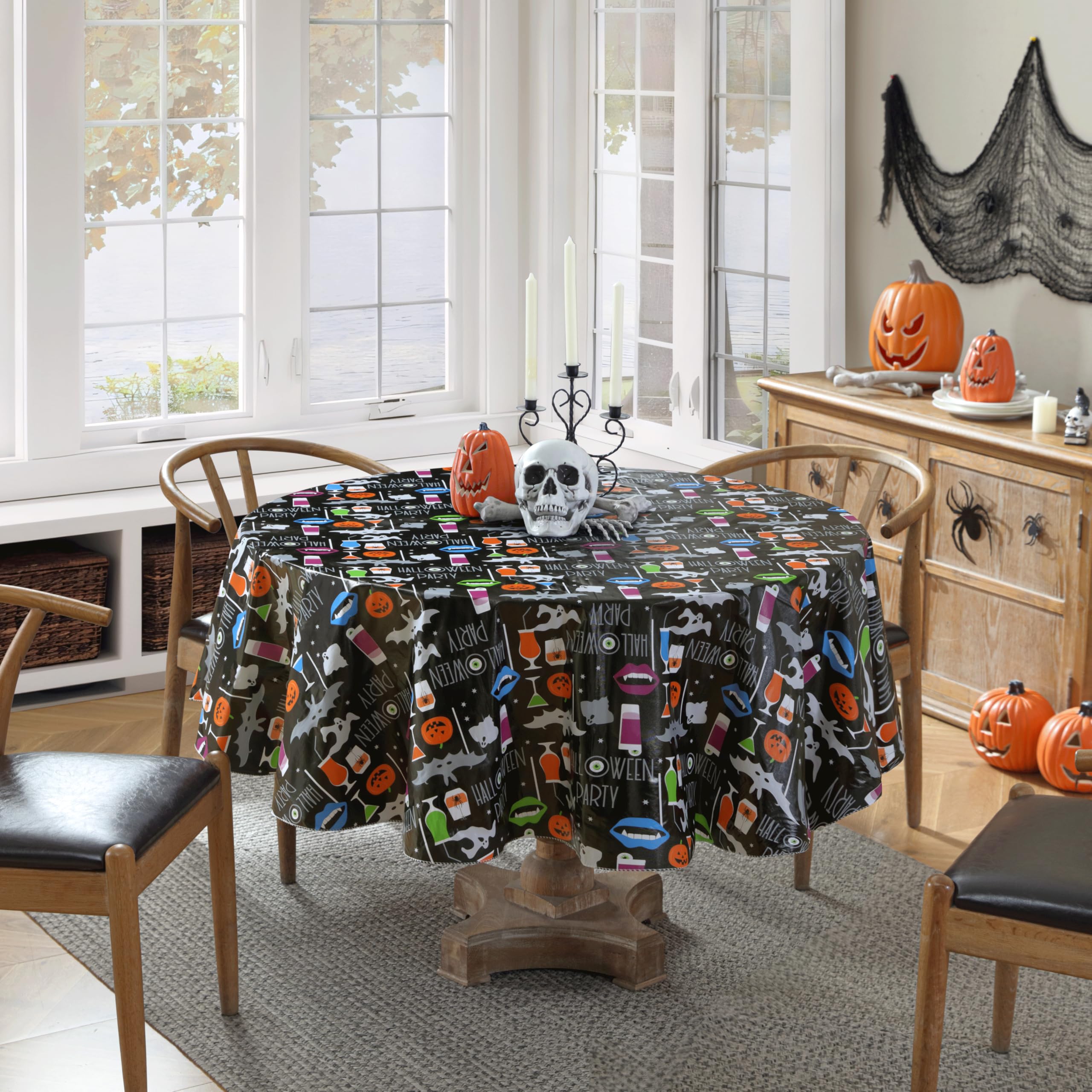 Newbridge Halloween Party Ghosts and Bats 70 Inch Round Vinyl Tablecloth with Flannel Backing, Spooky Black Ghost and Bat Print, Easy Care Wipe Clean Table Cover - Image 8