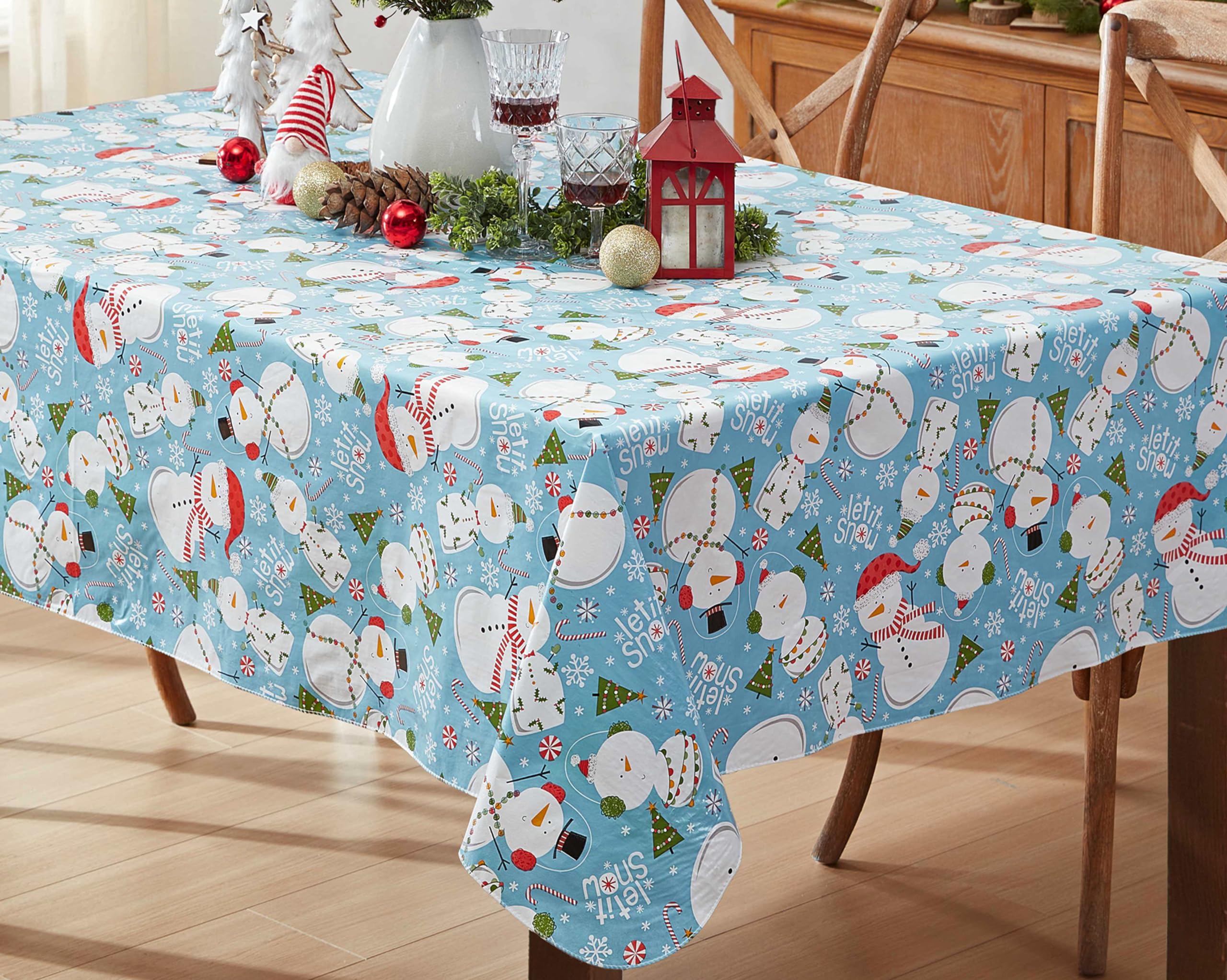 Newbridge Let It Snow Blue Snowman Christmas Vinyl Tablecloth with Flannel Backing – 52 x 52 Inch Square – Winter Snowmen, Candy Cane & Christmas Tree Print Easy-Care Wipe Clean Table Cover - Image 8