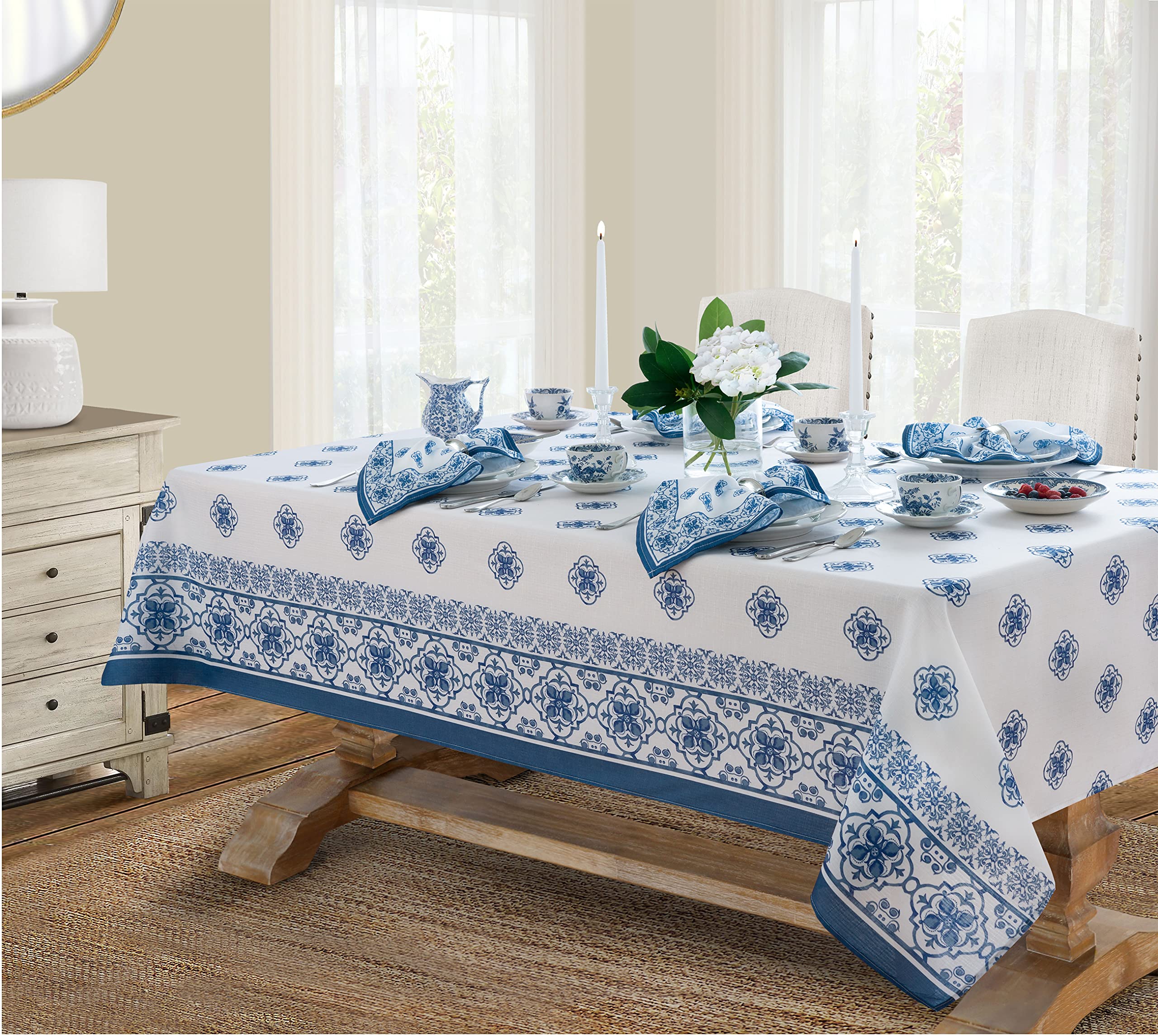 Newbridge Rectangle Fabric Placemats, Set of 4 Placemats, Mykonos Blue Mediterranean, Indoor Outdoor Stain Resistant No-Iron Placemats, Blue Tile Border - Image 6