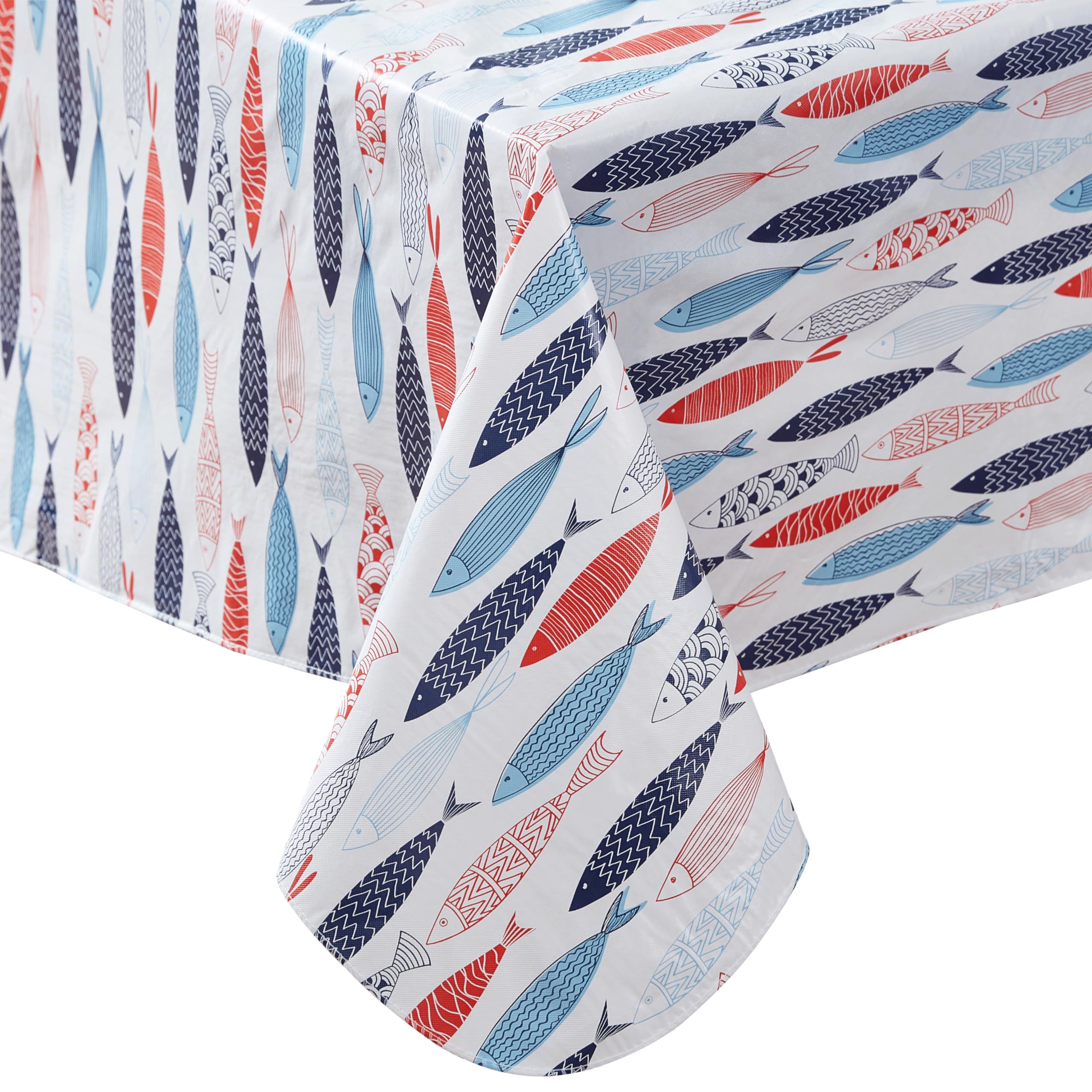 Newbridge Rectangle Vinyl Flannel Backed Tablecloth, 52 x 70 Inch, Fish School, White Indoor/Outdoor Waterproof Table Cloth, Cape Cod Print - Image 9