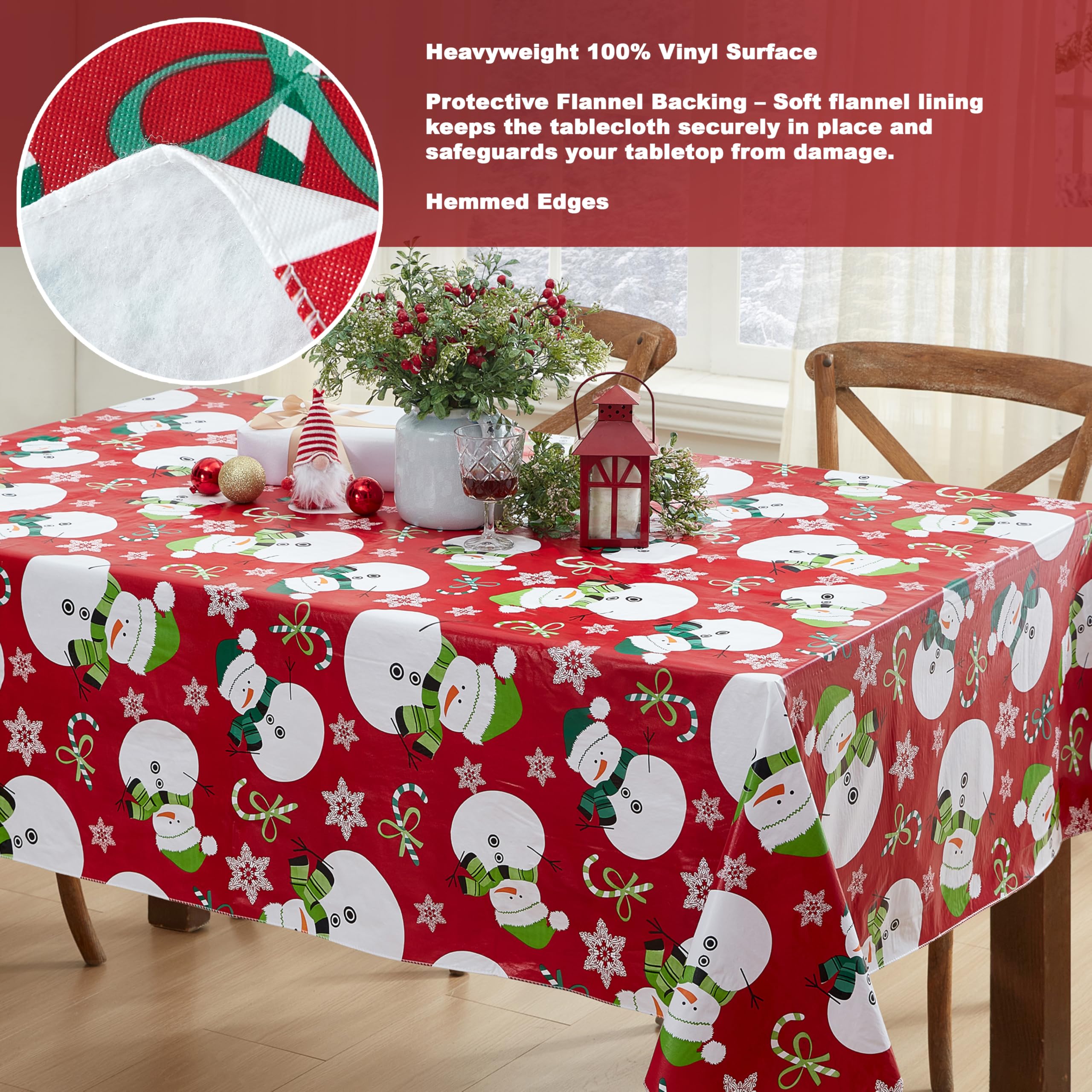 Newbridge Red Swirling Snowman Christmas 52 x 52 Inch Square Vinyl Tablecloth with Flannel Backing – Candy Cane, Snowflake & Green Scarf Snowmen Print Easy-Care Wipe Clean Table Cover - Image 4
